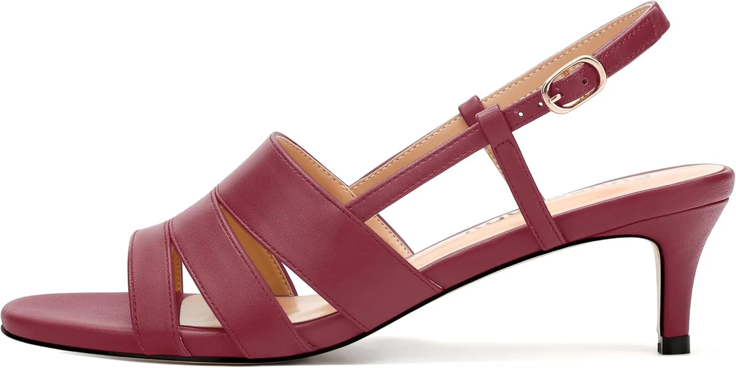 SKYSTERRY Low Kitten Strappy Slingback Heeled Sandals Open Round Toe Slip-On Ankle Buckle Matte Heels Trendy Shoes For Women Work Dress Dance Summer