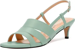 SKYSTERRY Low Kitten Strappy Slingback Heeled Sandals Open Round Toe Slip-On Ankle Buckle Matte Heels Trendy Shoes For Women Work Dress Dance Summer