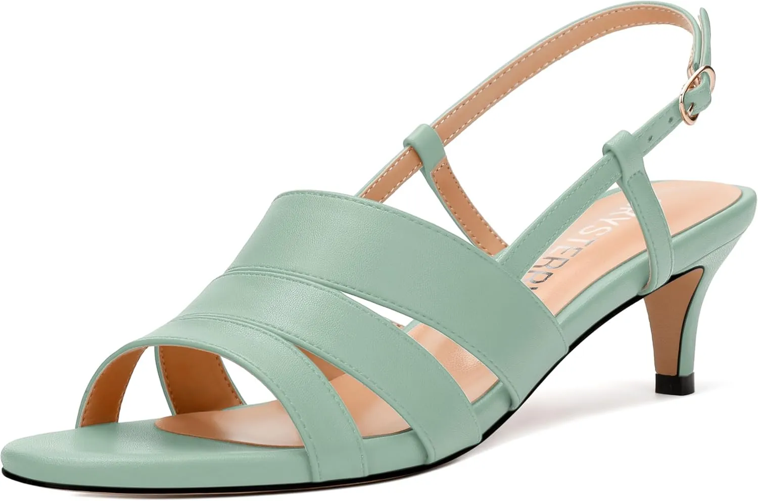 SKYSTERRY Low Kitten Strappy Slingback Heeled Sandals Open Round Toe Slip-On Ankle Buckle Matte Heels Trendy Shoes For Women Work Dress Dance Summer