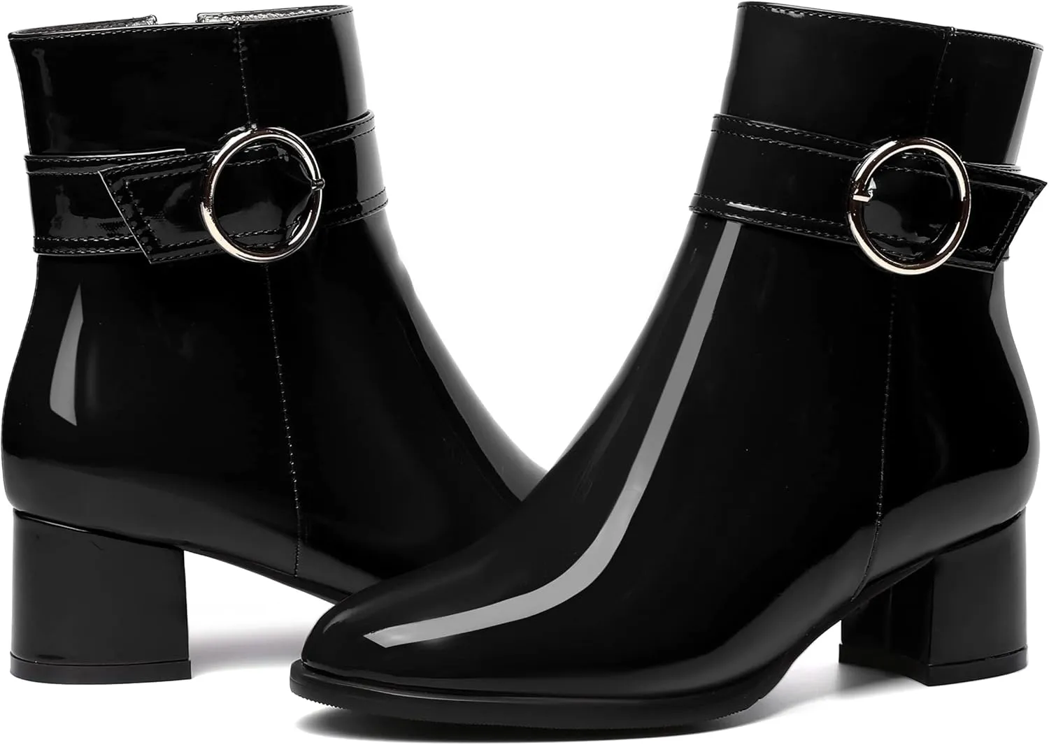 SKYSTERRY Womens Zip Fashion Patent Round Toe Outdoor Chunky Low Heel Ankle High Boots 2 Inch
