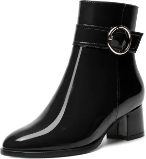 SKYSTERRY Womens Zip Fashion Patent Round Toe Outdoor Chunky Low Heel Ankle High Boots 2 Inch