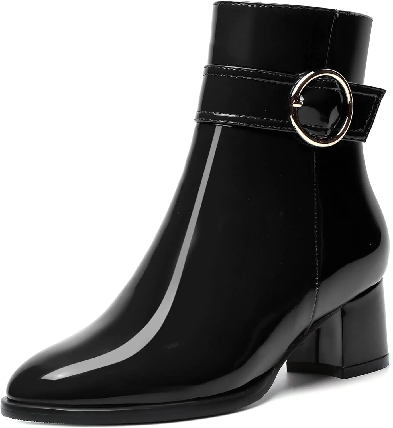SKYSTERRY Womens Zip Fashion Patent Round Toe Outdoor Chunky Low Heel Ankle High Boots 2 Inch