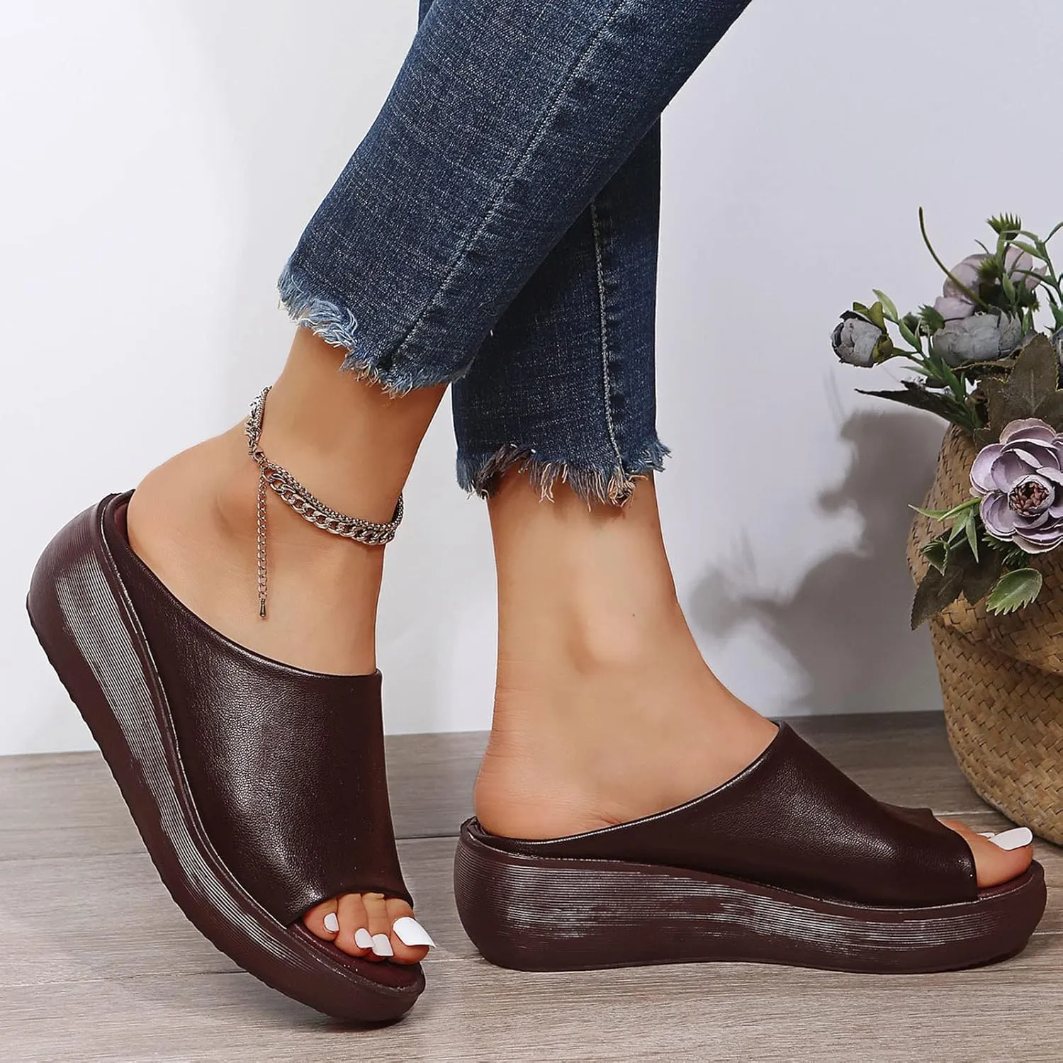 Slip on Sandals for Women Dressy Summer Casual Fish Mouth Open Toe Platform Wedge Slippers Comfortable Outdoor Ladies Thick Soled Shoes Slides