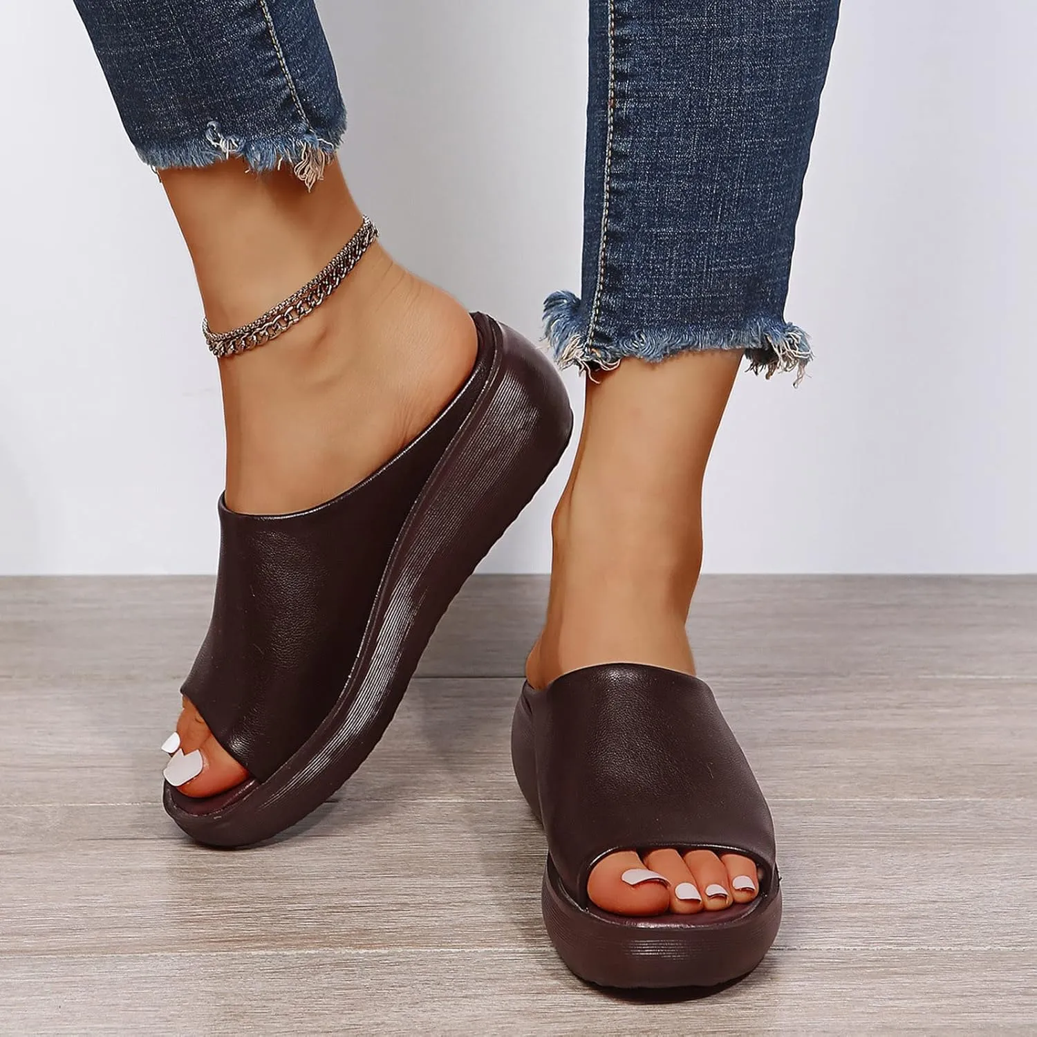Slip on Sandals for Women Dressy Summer Casual Fish Mouth Open Toe Platform Wedge Slippers Comfortable Outdoor Ladies Thick Soled Shoes Slides