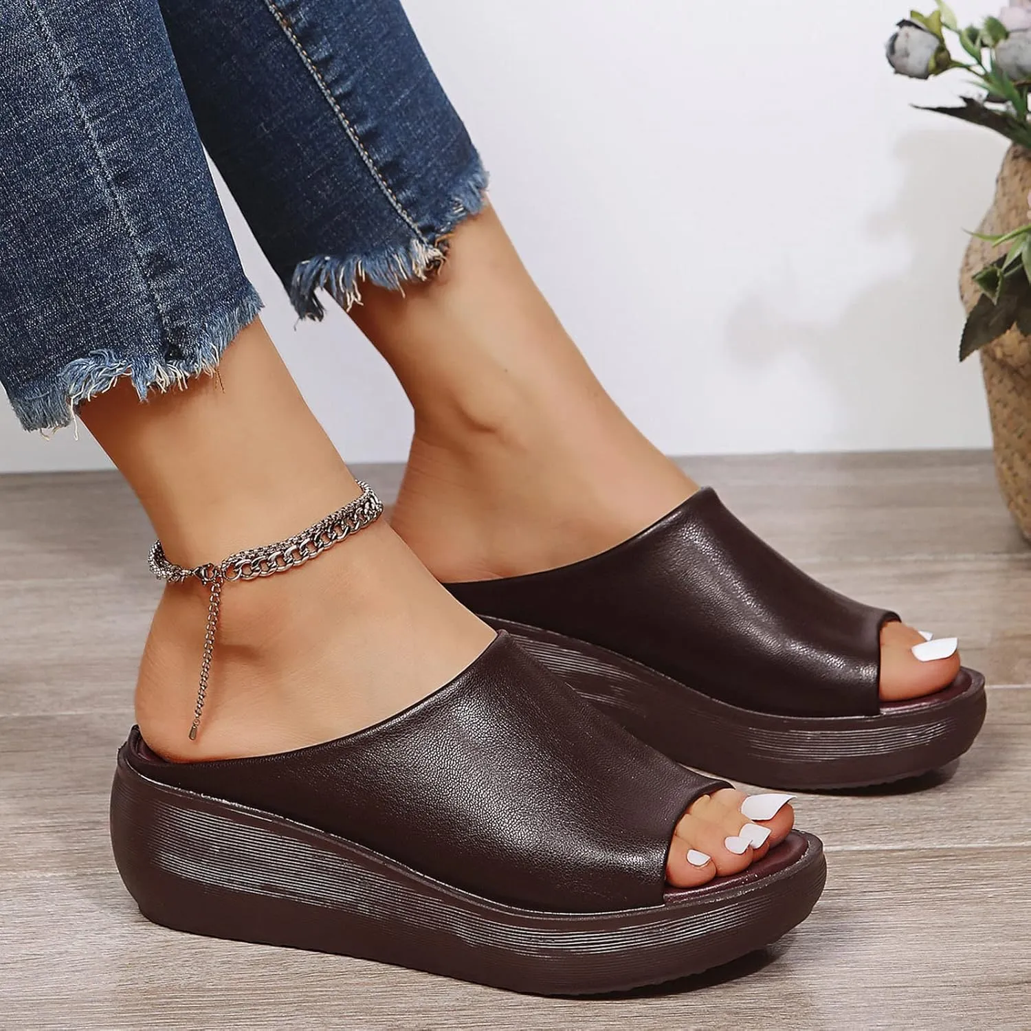 Slip on Sandals for Women Dressy Summer Casual Fish Mouth Open Toe Platform Wedge Slippers Comfortable Outdoor Ladies Thick Soled Shoes Slides