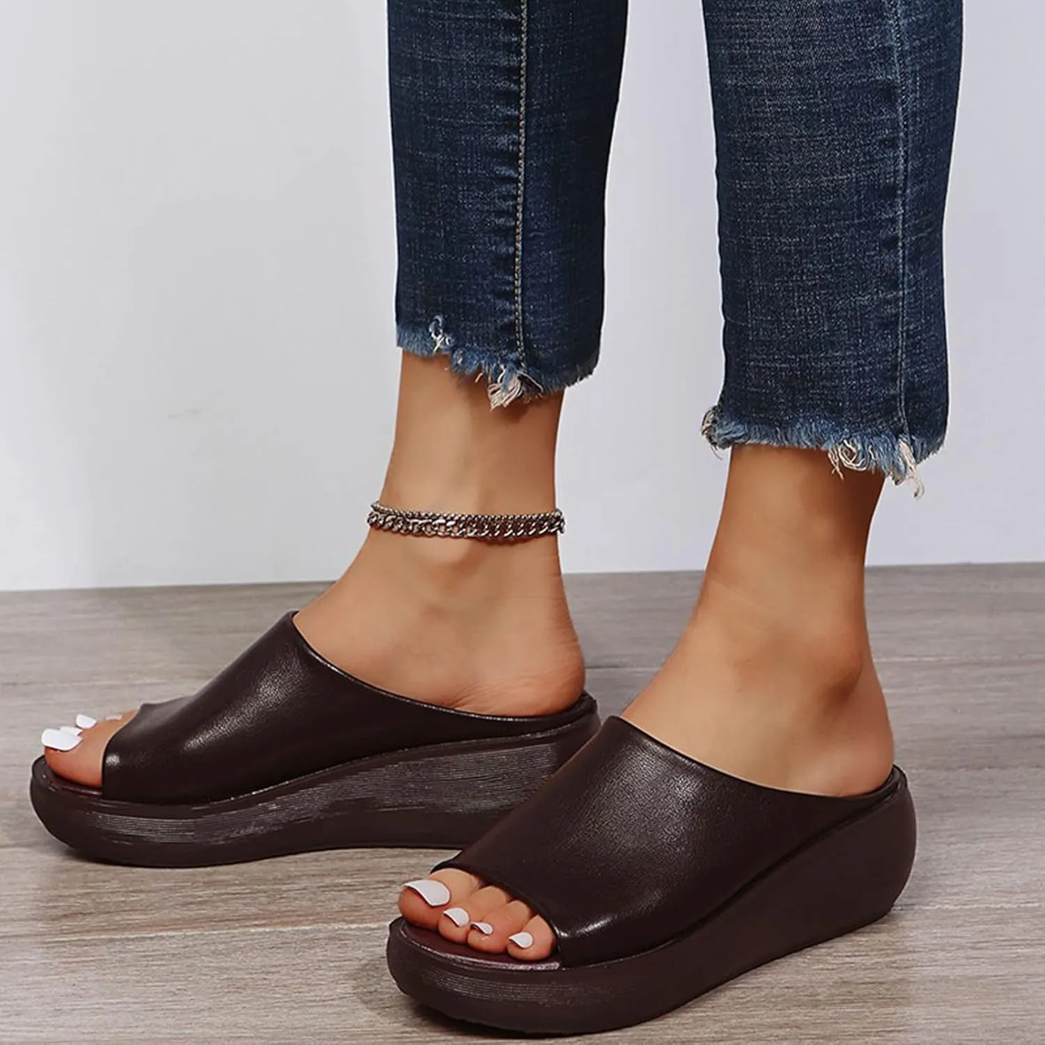 Slip on Sandals for Women Dressy Summer Casual Fish Mouth Open Toe Platform Wedge Slippers Comfortable Outdoor Ladies Thick Soled Shoes Slides