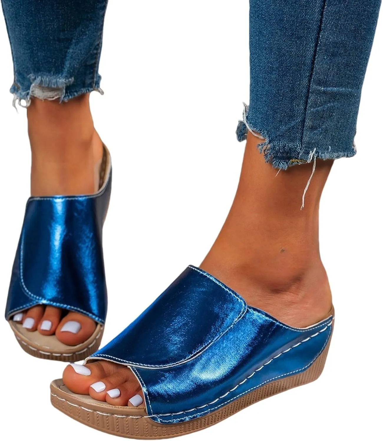 Slippers for Women Comfortable Summer Platform Wedge Slipper Casual Slip On Orthopedic Shoes with Arch Support Breathable Open Toe Sandals Dressy Walking Shoe for Beach