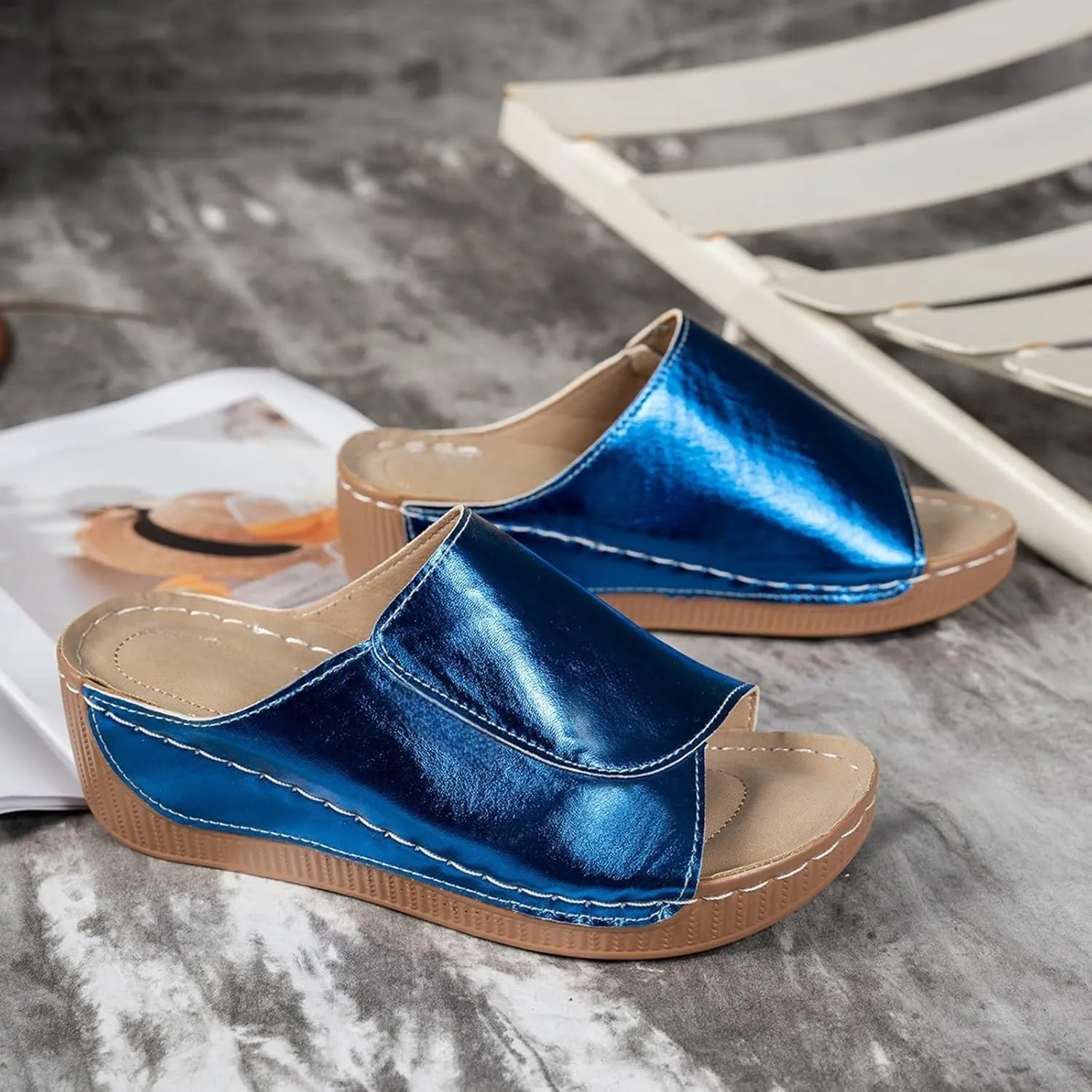 Slippers for Women Comfortable Summer Platform Wedge Slipper Casual Slip On Orthopedic Shoes with Arch Support Breathable Open Toe Sandals Dressy Walking Shoe for Beach