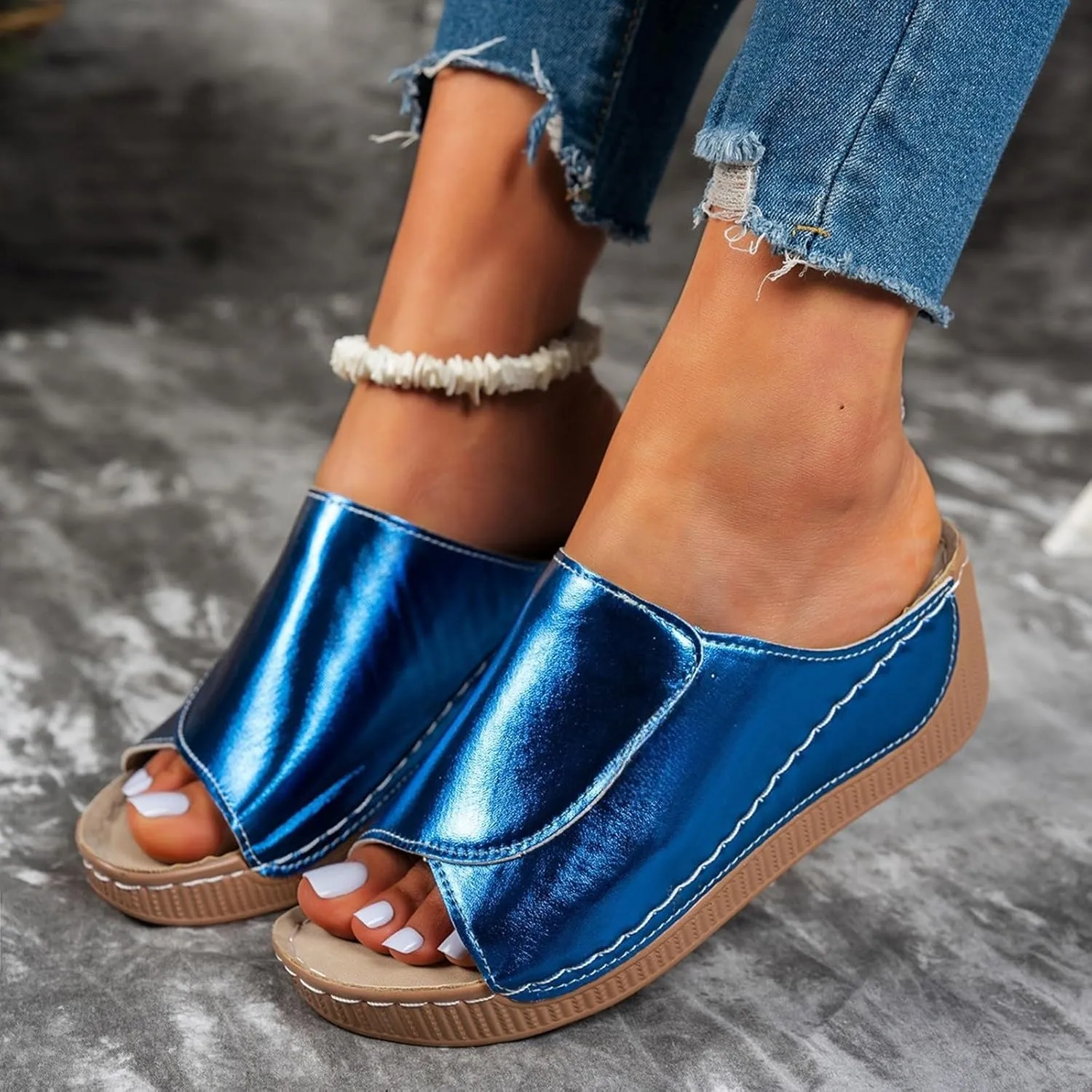 Slippers for Women Comfortable Summer Platform Wedge Slipper Casual Slip On Orthopedic Shoes with Arch Support Breathable Open Toe Sandals Dressy Walking Shoe for Beach