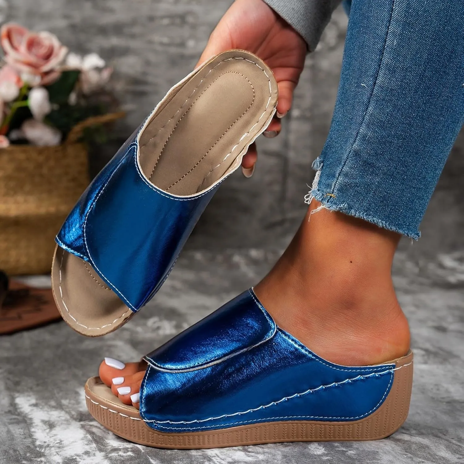 Slippers for Women Comfortable Summer Platform Wedge Slipper Casual Slip On Orthopedic Shoes with Arch Support Breathable Open Toe Sandals Dressy Walking Shoe for Beach