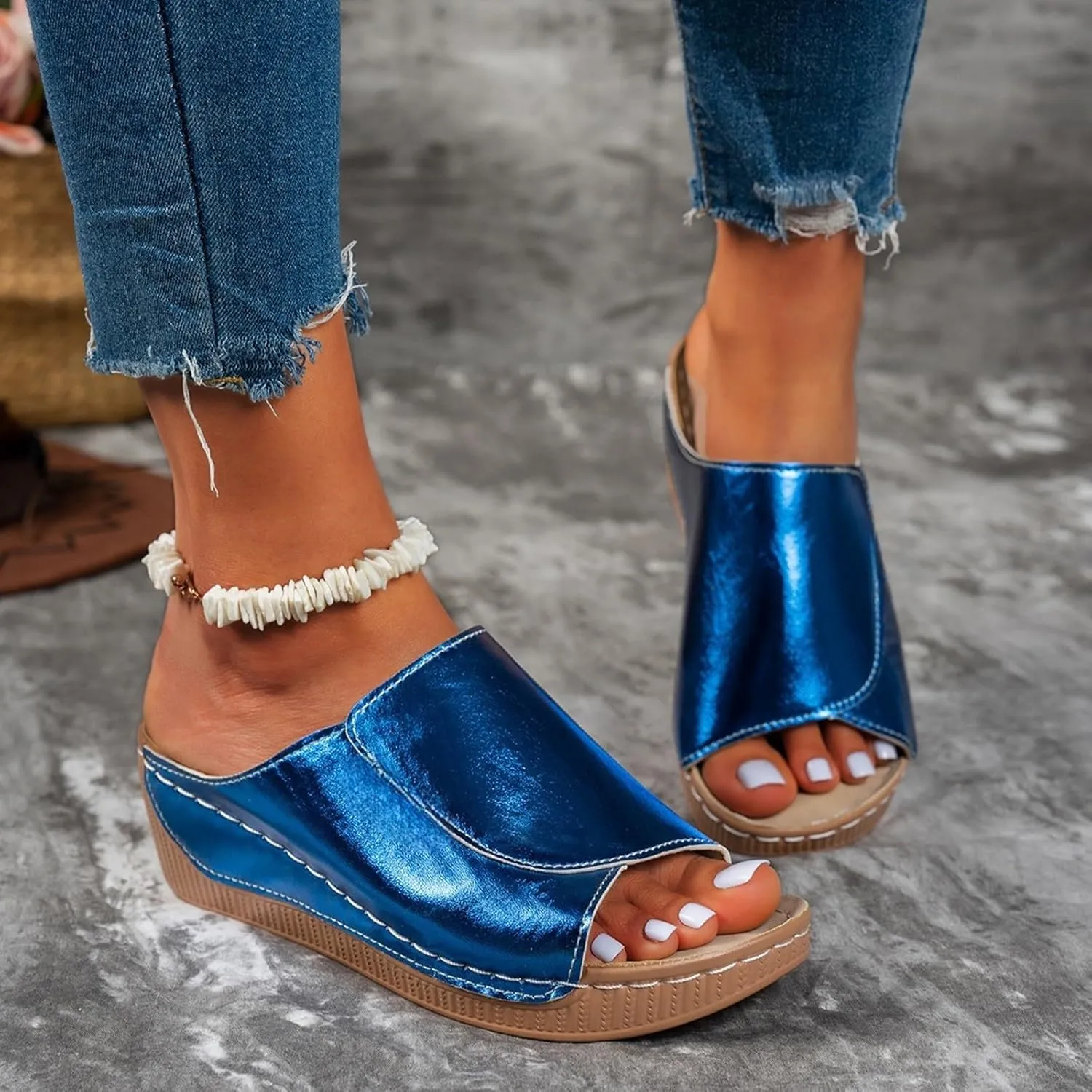 Slippers for Women Comfortable Summer Platform Wedge Slipper Casual Slip On Orthopedic Shoes with Arch Support Breathable Open Toe Sandals Dressy Walking Shoe for Beach