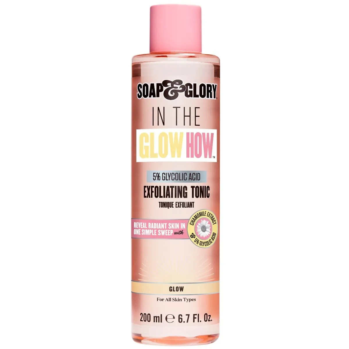 Soap & Glory in The Glow How Vitamin C 5% Glycolic Acid Exfoliating Tonic - Gentle Glycolic Acid Toner   Chamomile Extract - Pore Exfoliating Toner   Glow Tonic for Brighter, Healthier Skin (200ml)