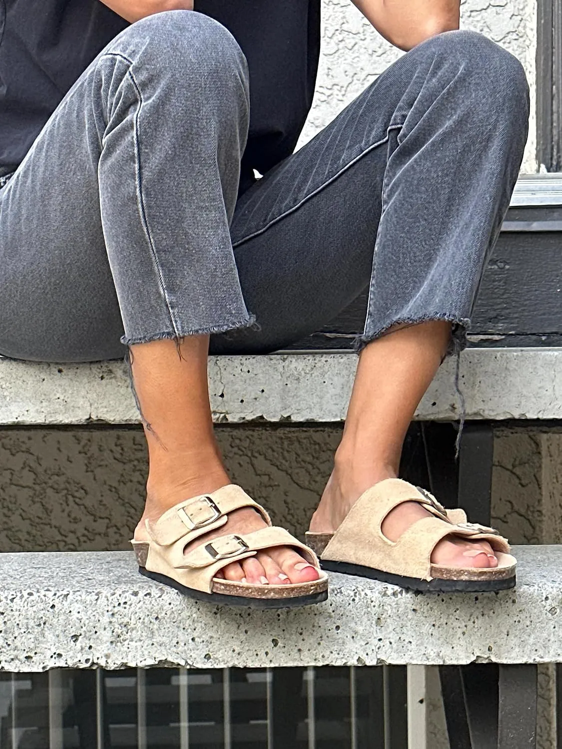 Soft Suede Leather Flat Sandals - Cork Footbed Sandal with Soft Suede Leather - Womens Sandals Comfortable Wear - Comfortable Slip On Cork Footbed Sandals with Adjustable Buckles