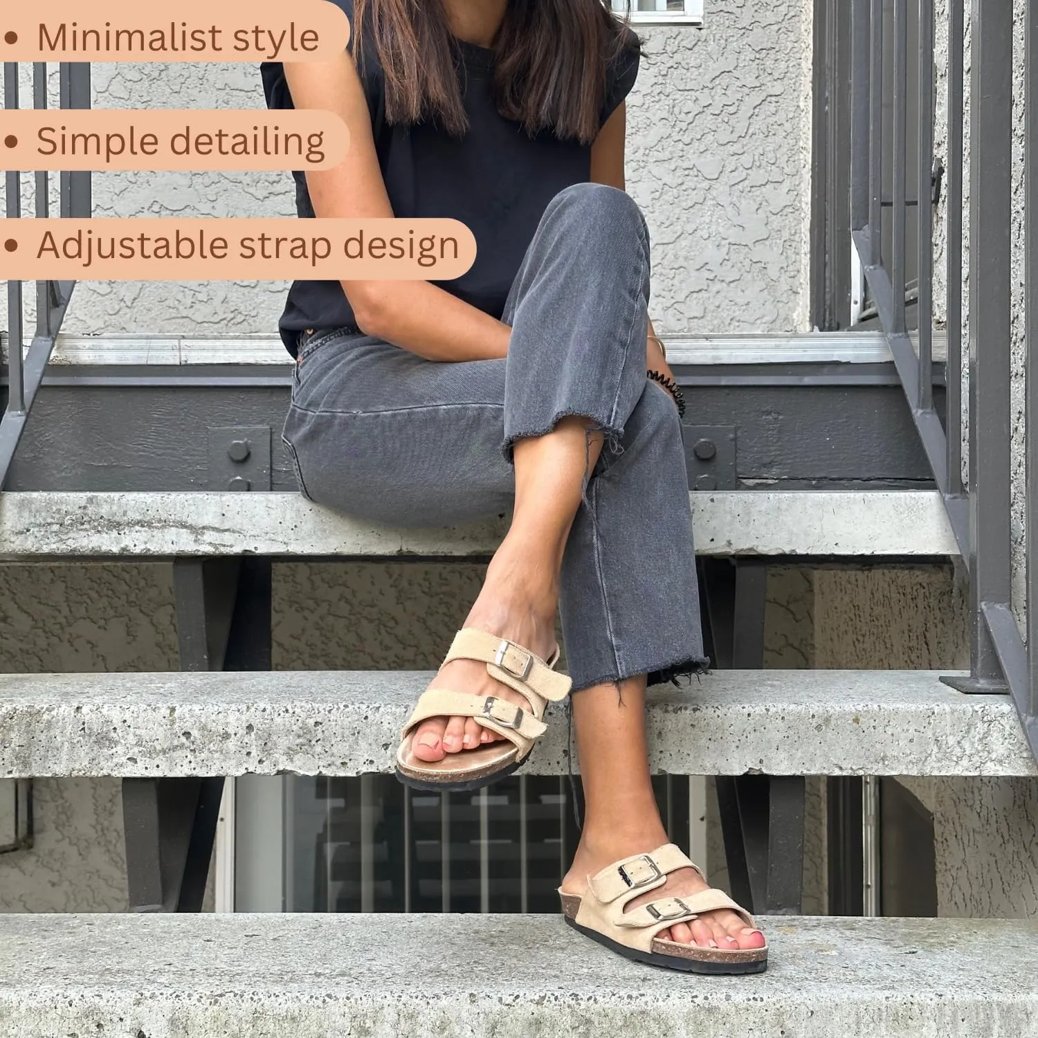Soft Suede Leather Flat Sandals - Cork Footbed Sandal with Soft Suede Leather - Womens Sandals Comfortable Wear - Comfortable Slip On Cork Footbed Sandals with Adjustable Buckles