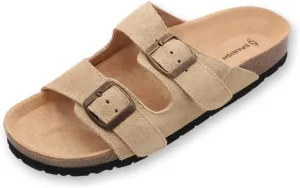 Soft Suede Leather Flat Sandals - Cork Footbed Sandal with Soft Suede Leather - Womens Sandals Comfortable Wear - Comfortable Slip On Cork Footbed Sandals with Adjustable Buckles