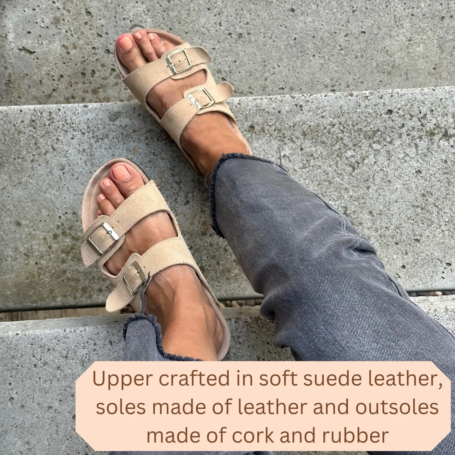 Soft Suede Leather Flat Sandals - Cork Footbed Sandal with Soft Suede Leather - Womens Sandals Comfortable Wear - Comfortable Slip On Cork Footbed Sandals with Adjustable Buckles
