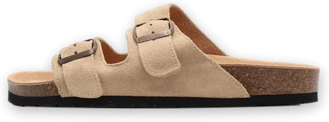 Soft Suede Leather Flat Sandals - Cork Footbed Sandal with Soft Suede Leather - Womens Sandals Comfortable Wear - Comfortable Slip On Cork Footbed Sandals with Adjustable Buckles