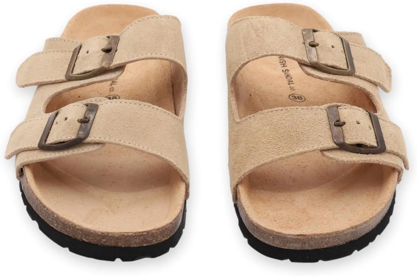 Soft Suede Leather Flat Sandals - Cork Footbed Sandal with Soft Suede Leather - Womens Sandals Comfortable Wear - Comfortable Slip On Cork Footbed Sandals with Adjustable Buckles
