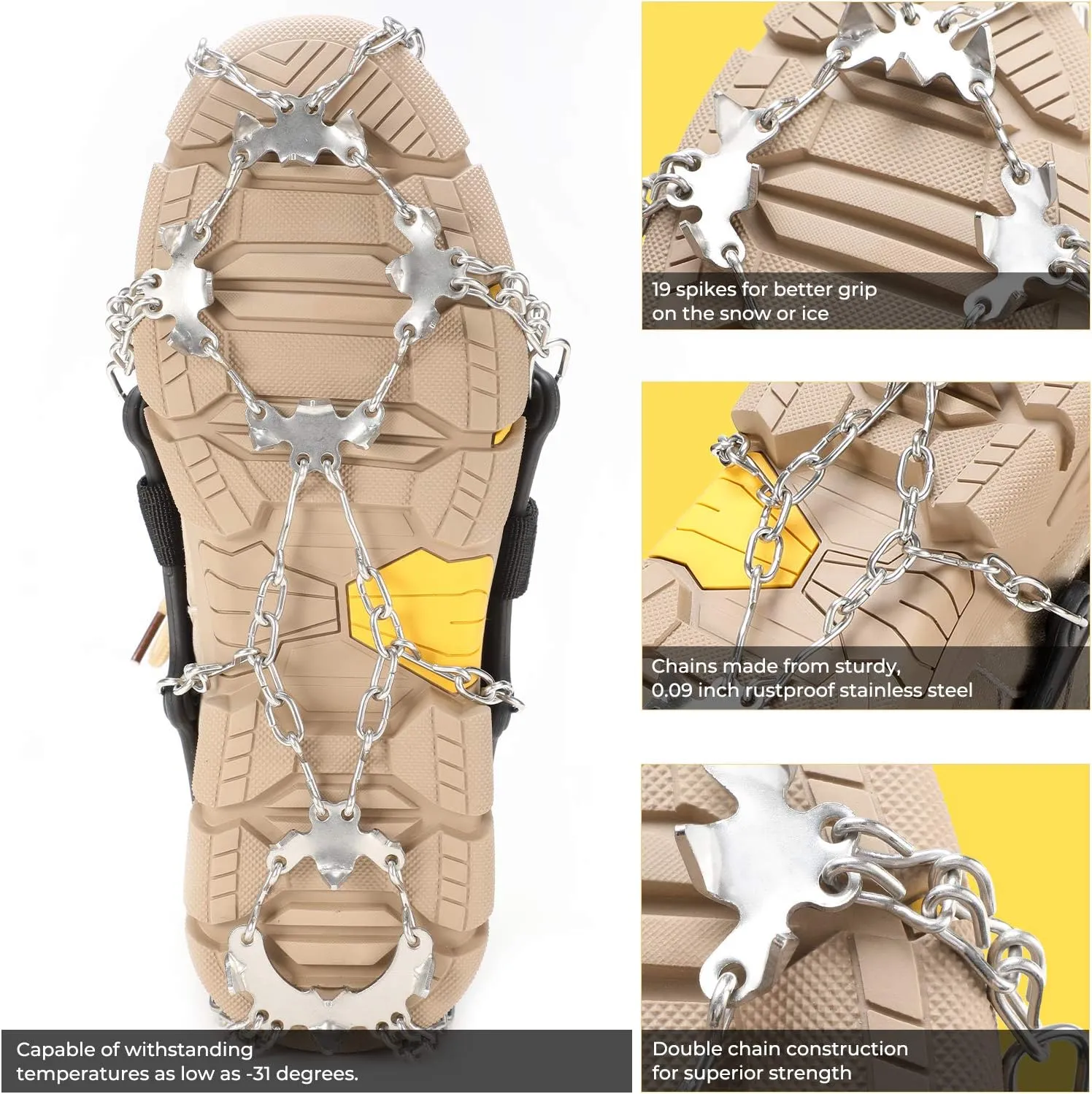 Sportneer Crampons, Traction Cleats Ice Snow Grips with 19 Stainless Steel Spikes, Ice Cleats Traction Snow Grips for Boots Shoes, Crampons Ice Cleats for Women Men Hiking Jogging Climbing And Fishing