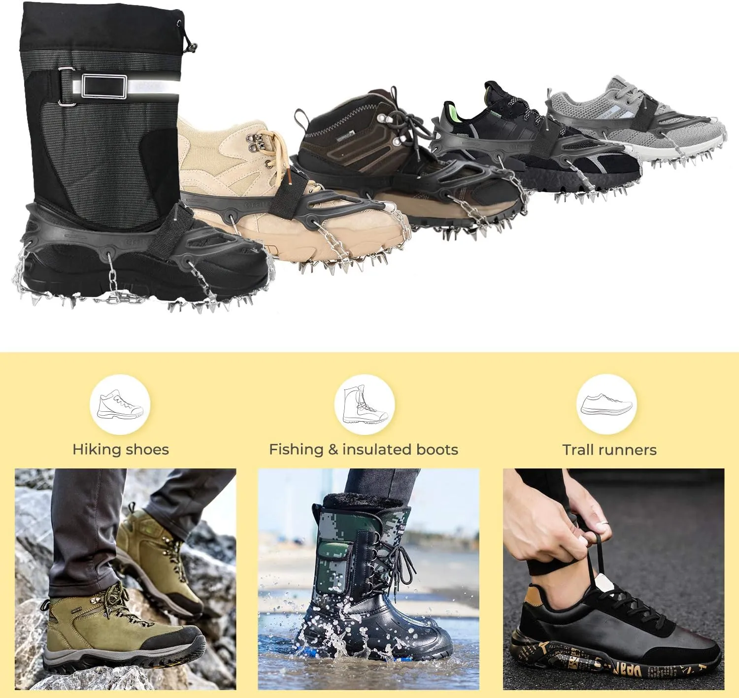 Sportneer Crampons, Traction Cleats Ice Snow Grips with 19 Stainless Steel Spikes, Ice Cleats Traction Snow Grips for Boots Shoes, Crampons Ice Cleats for Women Men Hiking Jogging Climbing And Fishing