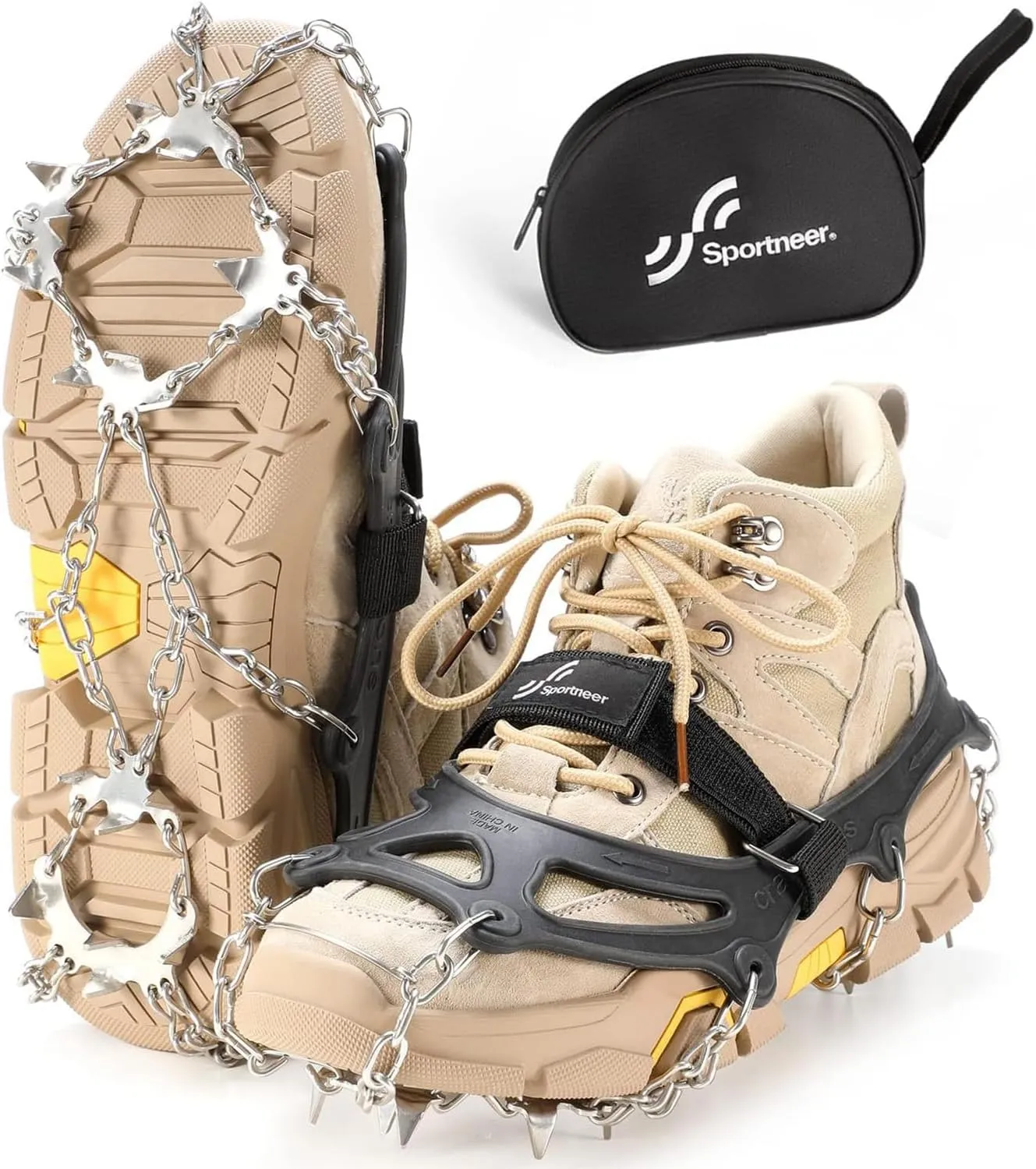 Sportneer Crampons, Traction Cleats Ice Snow Grips with 19 Stainless Steel Spikes, Ice Cleats Traction Snow Grips for Boots Shoes, Crampons Ice Cleats for Women Men Hiking Jogging Climbing And Fishing