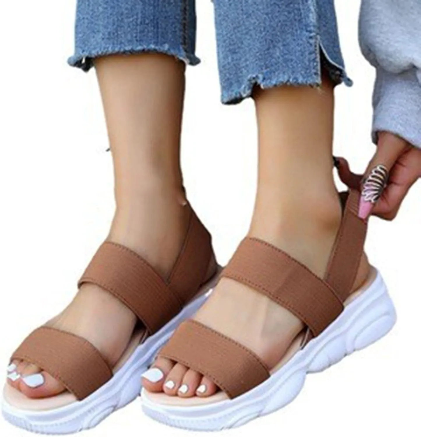 Sports Sandals for Women Platform Summer Casual Elastic Straps Fish Mouth Open Toe Slip-on Sandals Eva Solid Comfy Soft Sole Non-Slip Beach Shoes