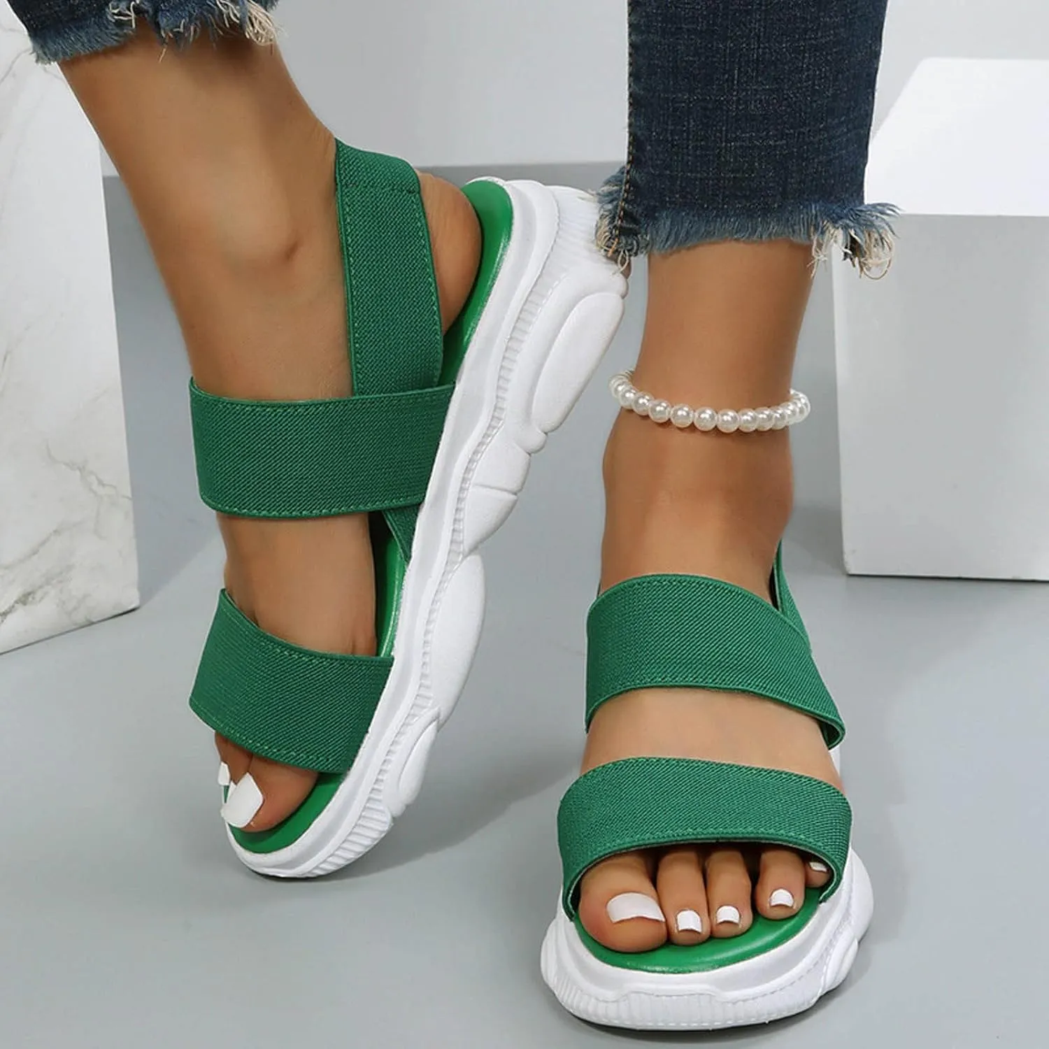 Sports Sandals for Women Platform Summer Casual Elastic Straps Fish Mouth Open Toe Slip-on Sandals Eva Solid Comfy Soft Sole Non-Slip Beach Shoes