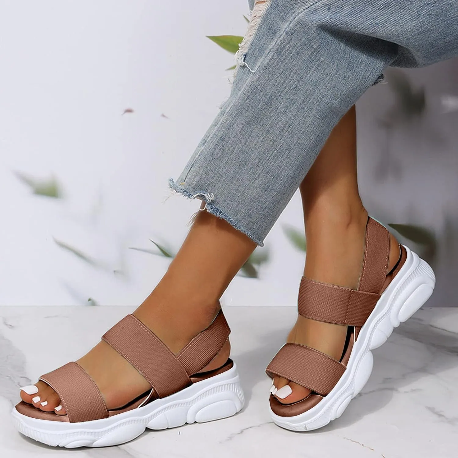 Sports Sandals for Women Platform Summer Casual Elastic Straps Fish Mouth Open Toe Slip-on Sandals Eva Solid Comfy Soft Sole Non-Slip Beach Shoes