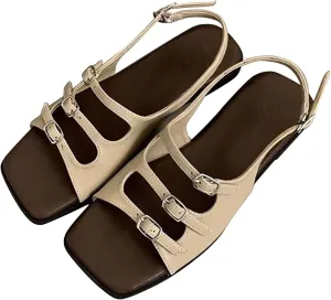Strappy Flat Sandals for Women Retro Square Open Toe Soft PU Leather Shoes with Buckle Strap Casual Summer Beach Shoes