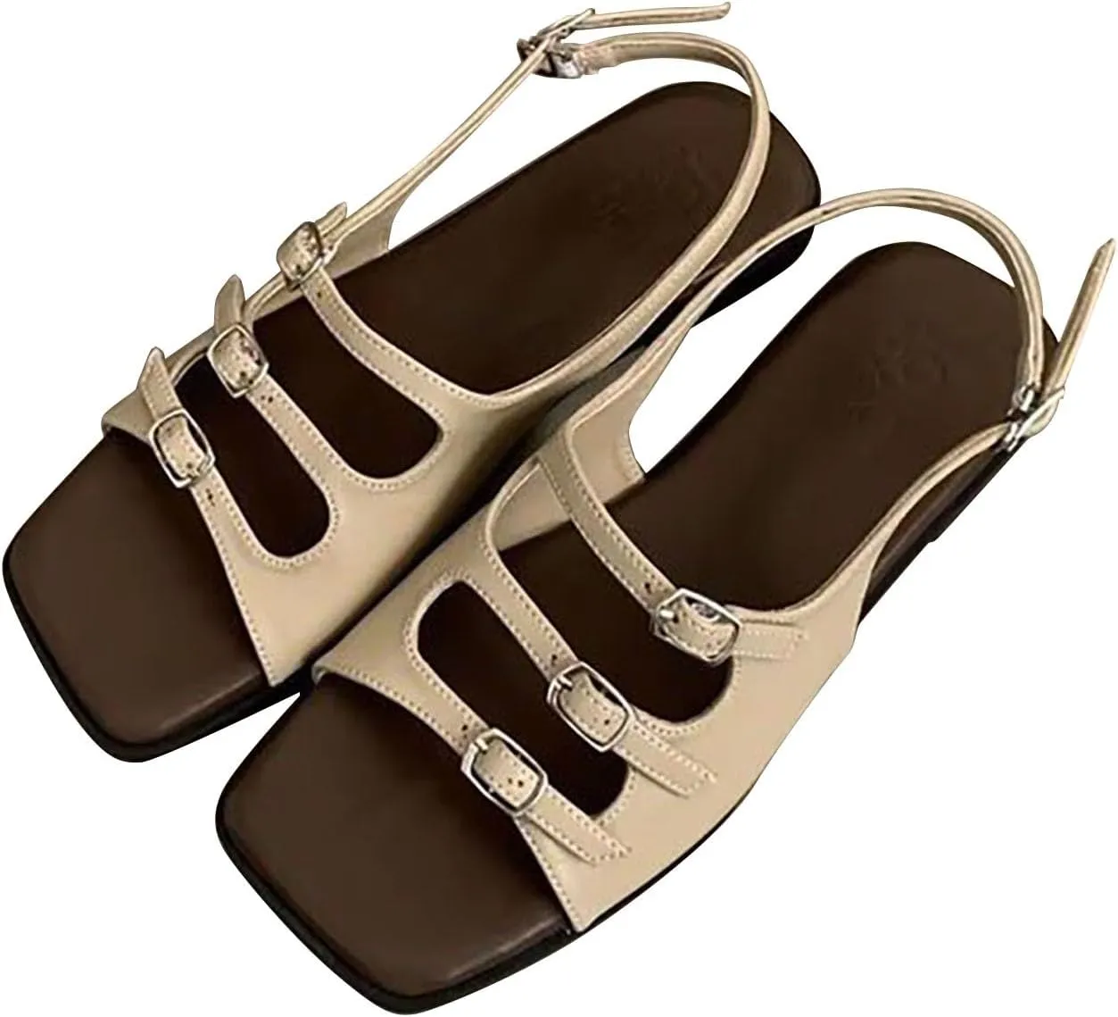 Strappy Flat Sandals for Women Retro Square Open Toe Soft PU Leather Shoes with Buckle Strap Casual Summer Beach Shoes