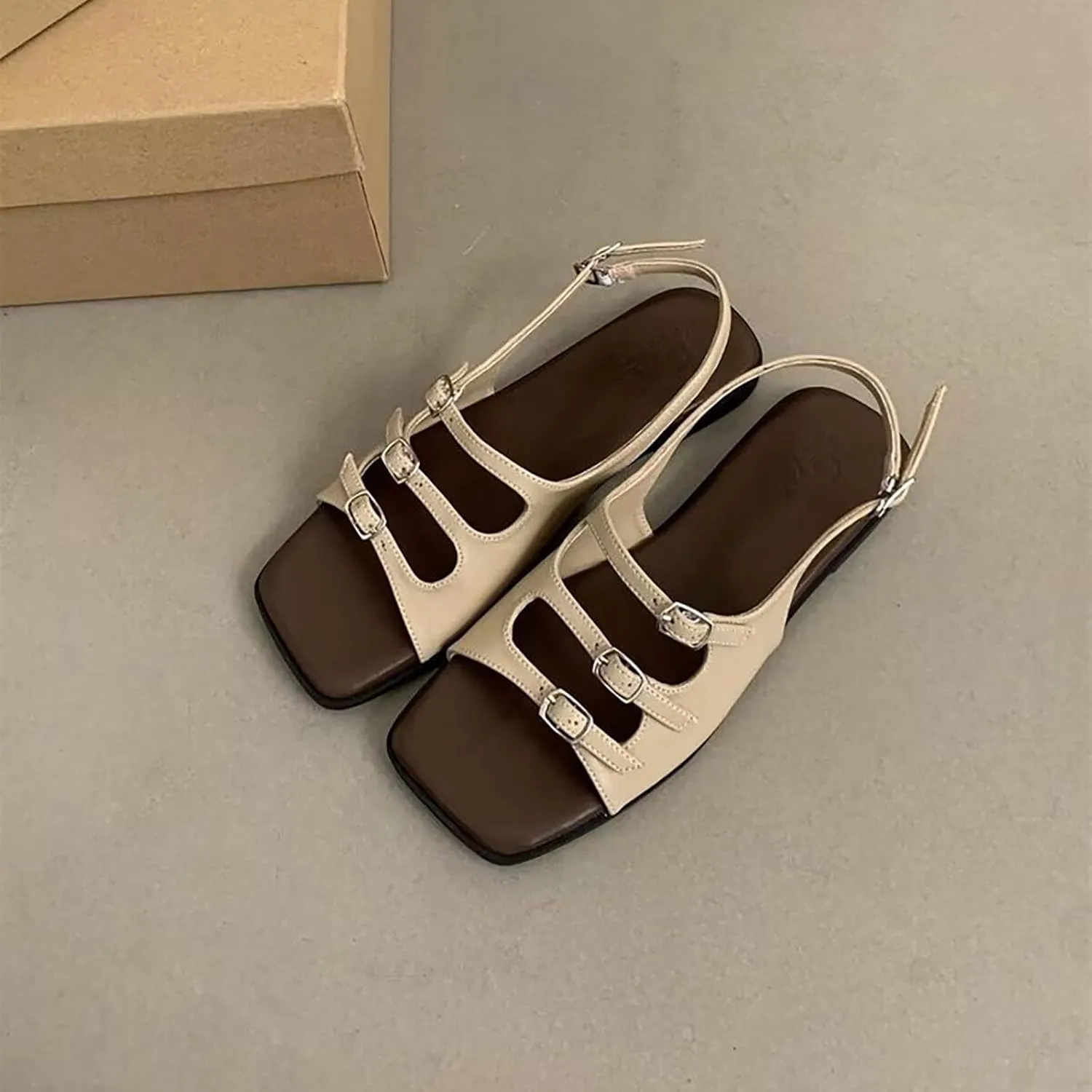 Strappy Flat Sandals for Women Retro Square Open Toe Soft PU Leather Shoes with Buckle Strap Casual Summer Beach Shoes