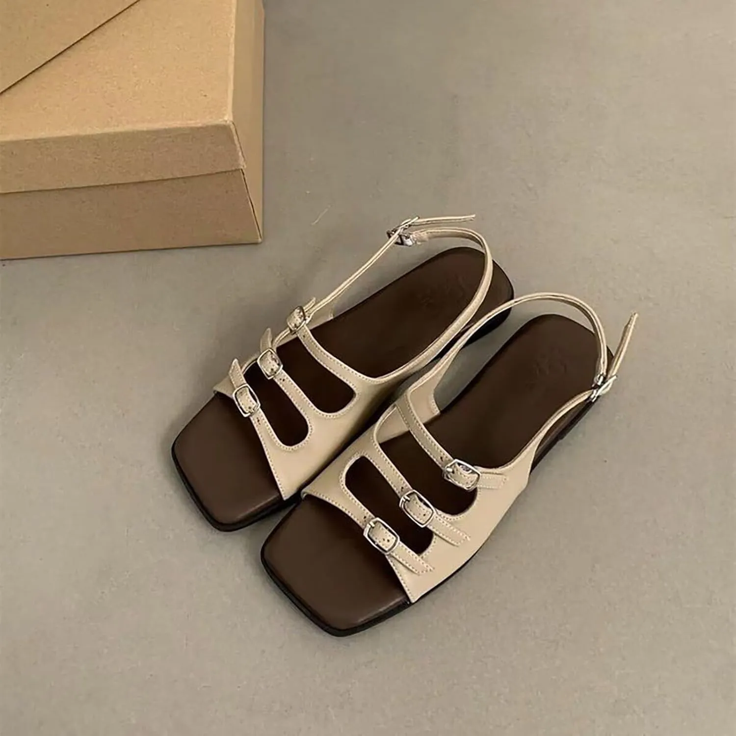 Strappy Flat Sandals for Women Retro Square Open Toe Soft PU Leather Shoes with Buckle Strap Casual Summer Beach Shoes
