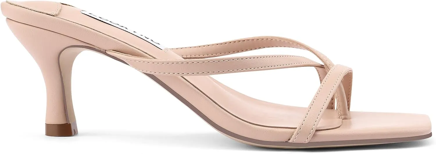 Strappy Kitten Heels for Women Square Open Toe Heeled Thong Sandals Low Heel Sexy Trendy Flip Flop Party Casual