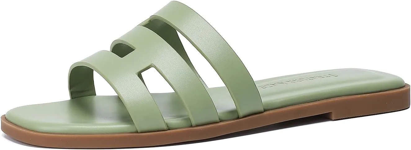 Stratuxx Kaze Womens Flat Sandals Dressy Summer Slide Dress Sandals Comfortable Cute Leather Black Sandals for Women