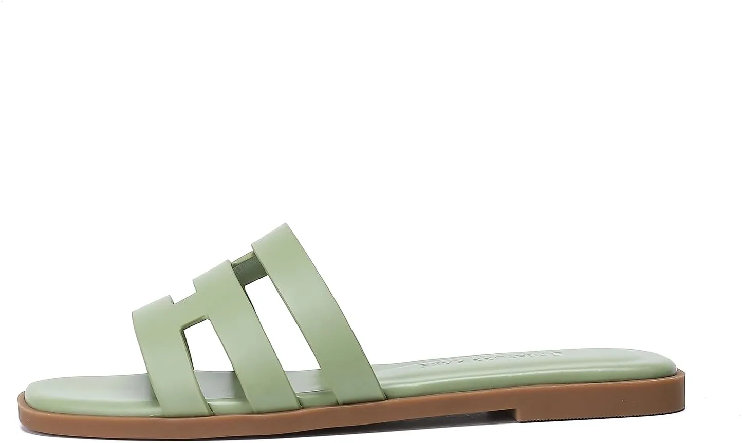 Stratuxx Kaze Womens Flat Sandals Dressy Summer Slide Dress Sandals Comfortable Cute Leather Black Sandals for Women