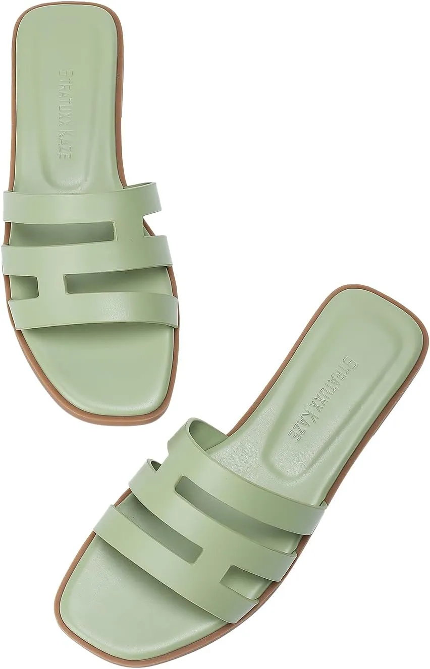 Stratuxx Kaze Womens Flat Sandals Dressy Summer Slide Dress Sandals Comfortable Cute Leather Black Sandals for Women