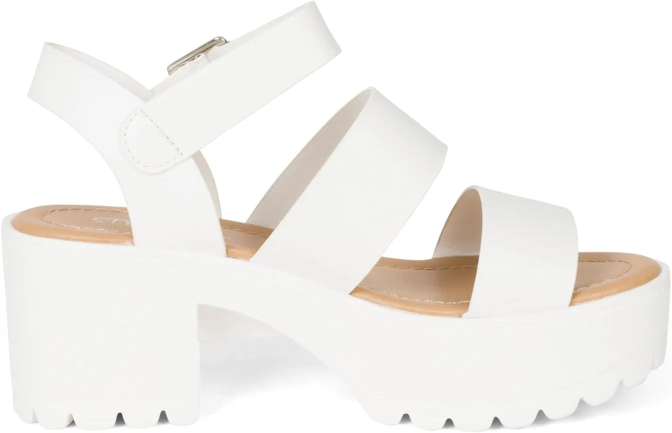 STYLISH S MARIA-S - Womens Open Toe Double Band Chunky Block Heel Lug Sole Platform Sandals With Adjustable Ankle Buckle