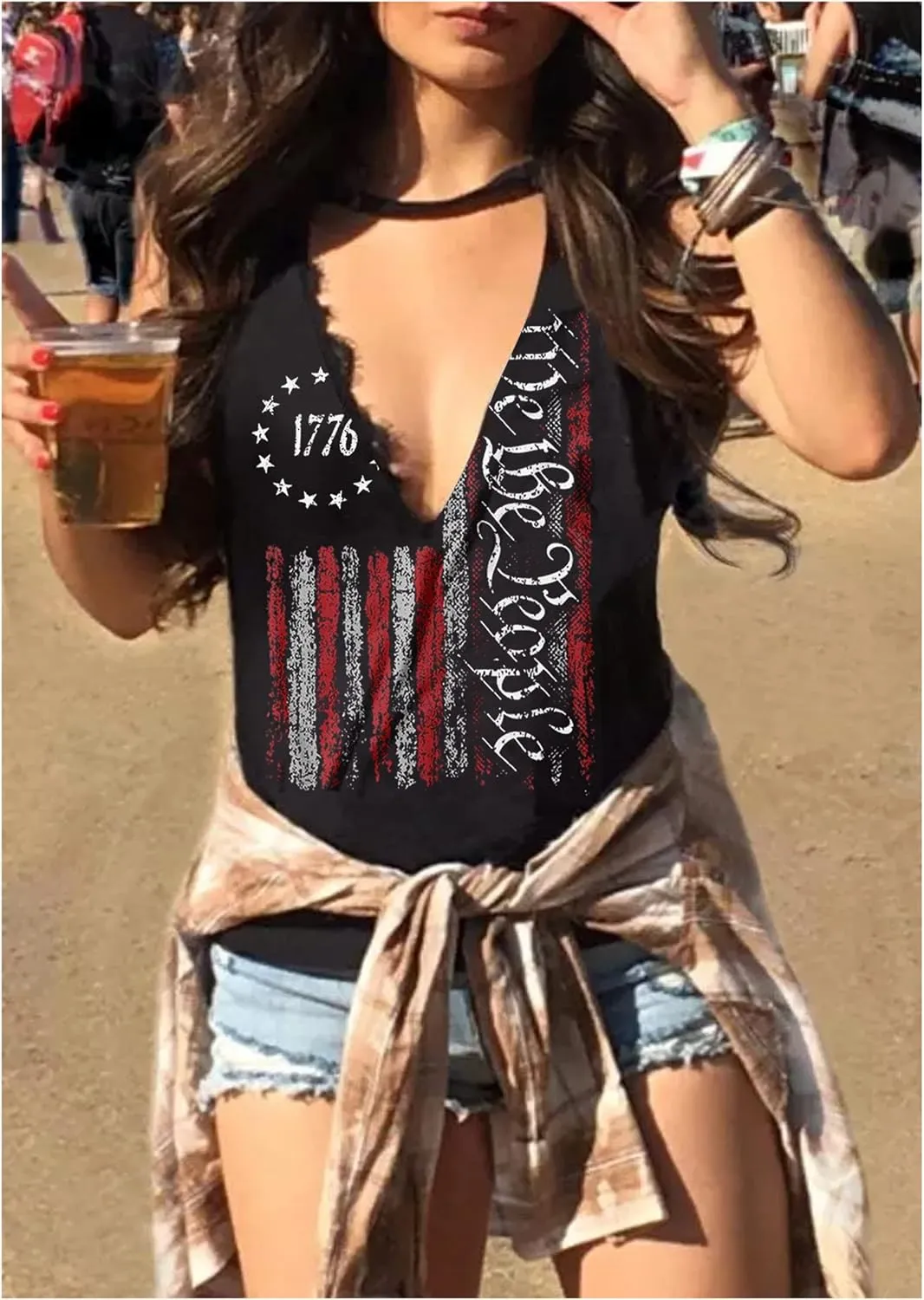 Summer Deep V Neck Tank Tops for Women Western Country Sleeveless Tee Shirts Teen Girls Sexy Casual Concert Tops Outfits
