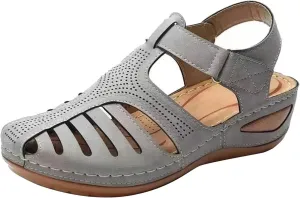 Summer Hollow Sandals for Women Wedge Heel Comfortable Casual Closed Toe Hook-and-Loop Sandals Vintage Lightweight Outdoor Anti-Slip Soft Sole Shoes