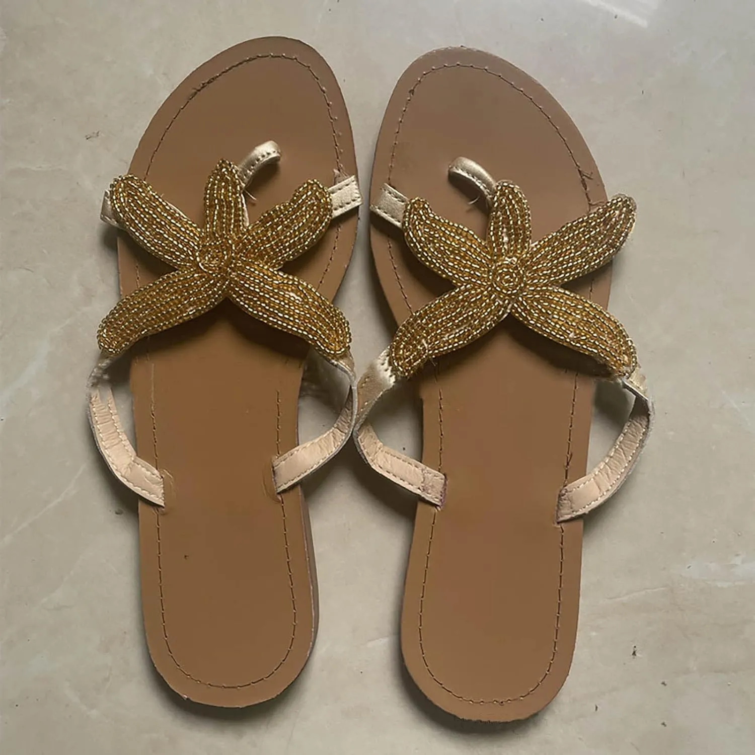 Summer Sunset Flip Flops for Women Trendy Beaded Starfish Flat Sandals Comfortable Flats Resort Wear Sandal