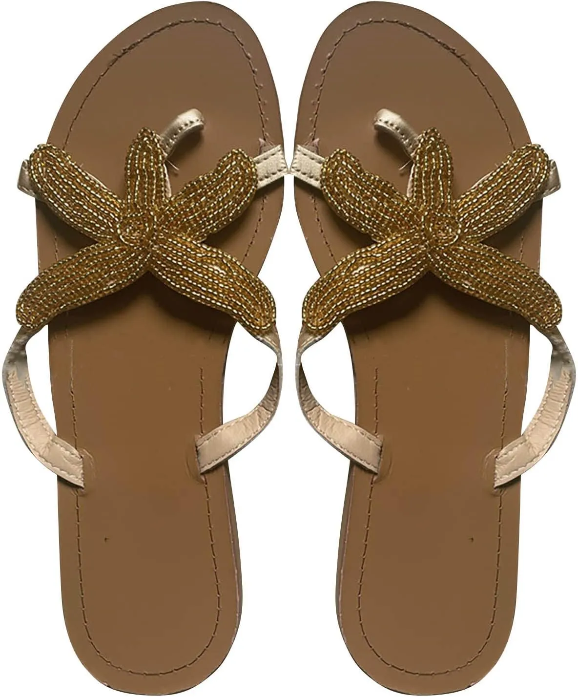 Summer Sunset Flip Flops for Women Trendy Beaded Starfish Flat Sandals Comfortable Flats Resort Wear Sandal