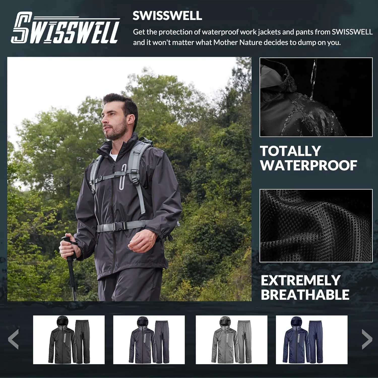 SWISSWELL Men Women Rain Suit Waterproof Lightweight Hooded Raincoat Jacket and Pants for Golf, Hiking, Travel
