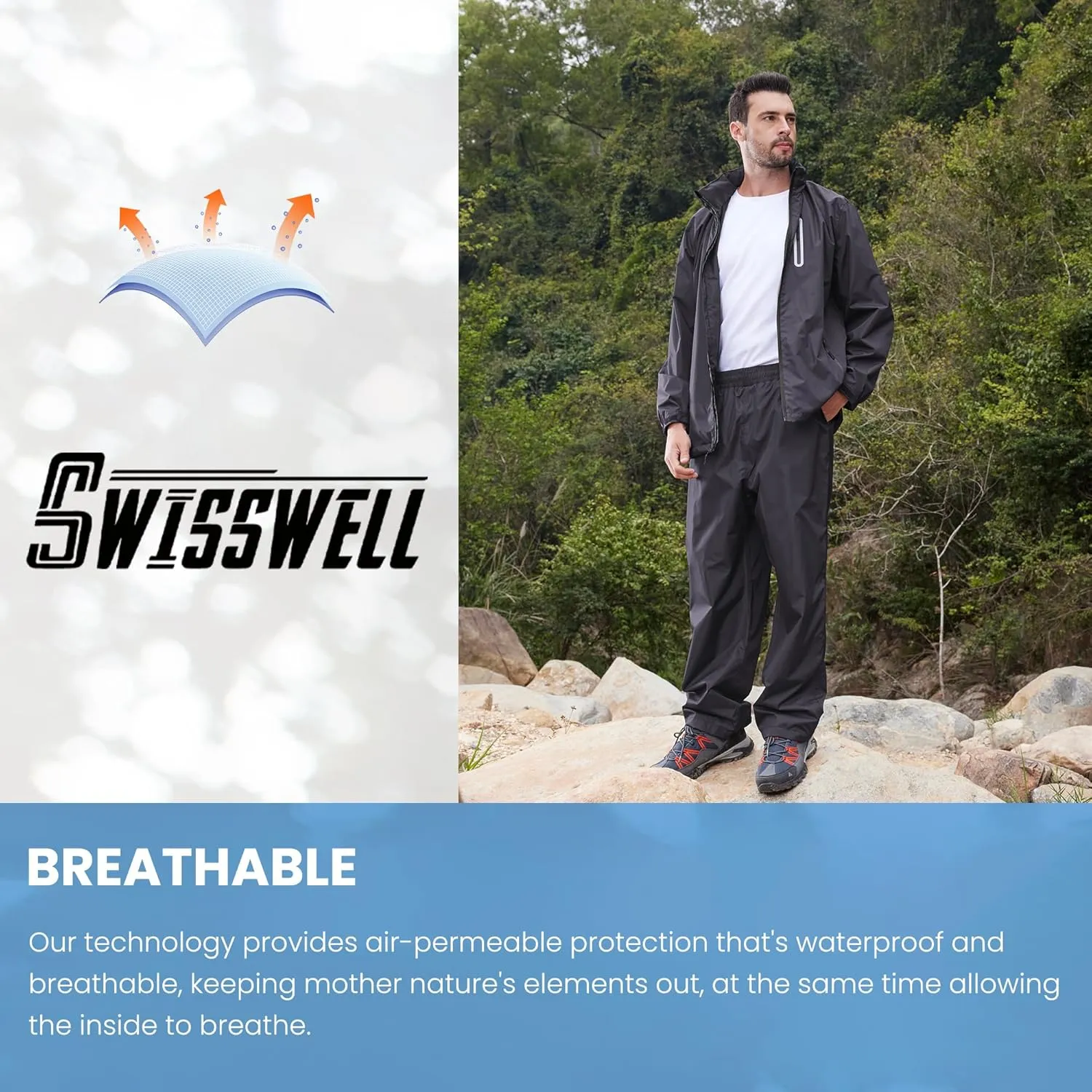 SWISSWELL Men Women Rain Suit Waterproof Lightweight Hooded Raincoat Jacket and Pants for Golf, Hiking, Travel