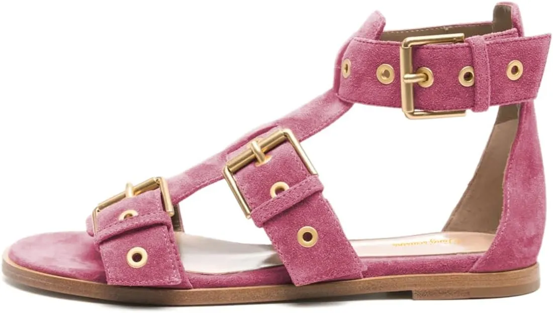 Tang'scuisins Women Chic Buckle Style Gladiator Sandals Ankle Strap Open Toe Buckle Flats Summer Beach Comfortable Shoes Size 4-16 US