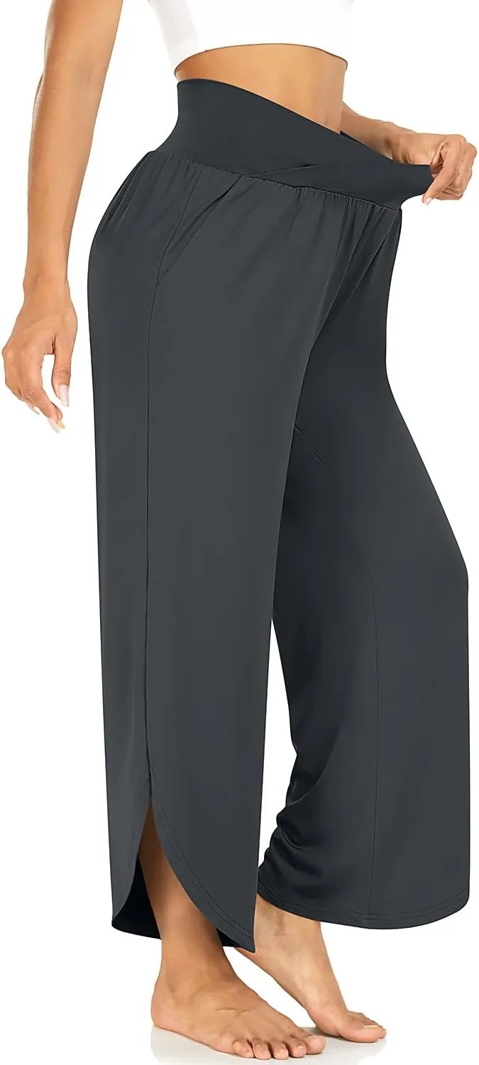 TARSE Wide Leg Pants for Women Cross High Waisted Yoga Pants Casual Lounge Joggers Loose fit Pajama Bottoms with Pockets