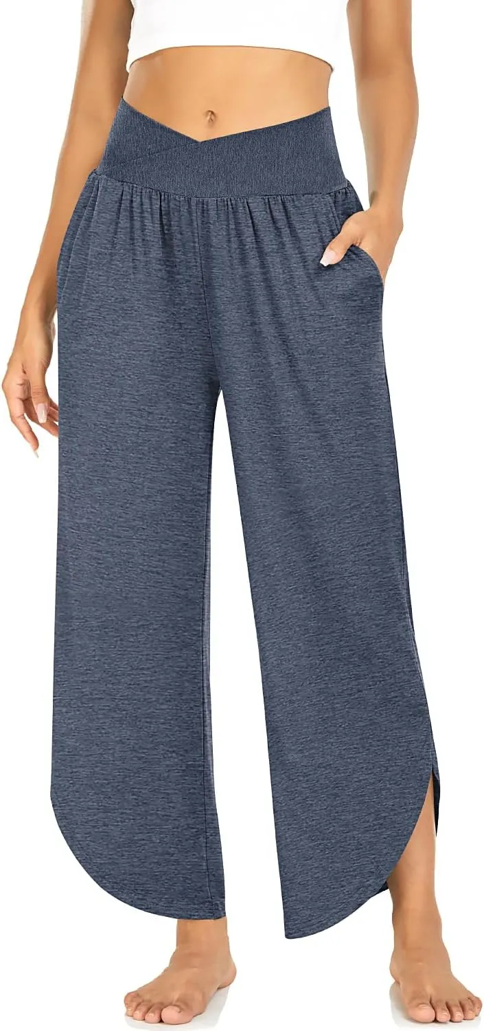 TARSE Wide Leg Pants for Women Cross High Waisted Yoga Pants Casual Lounge Joggers Loose fit Pajama Bottoms with Pockets