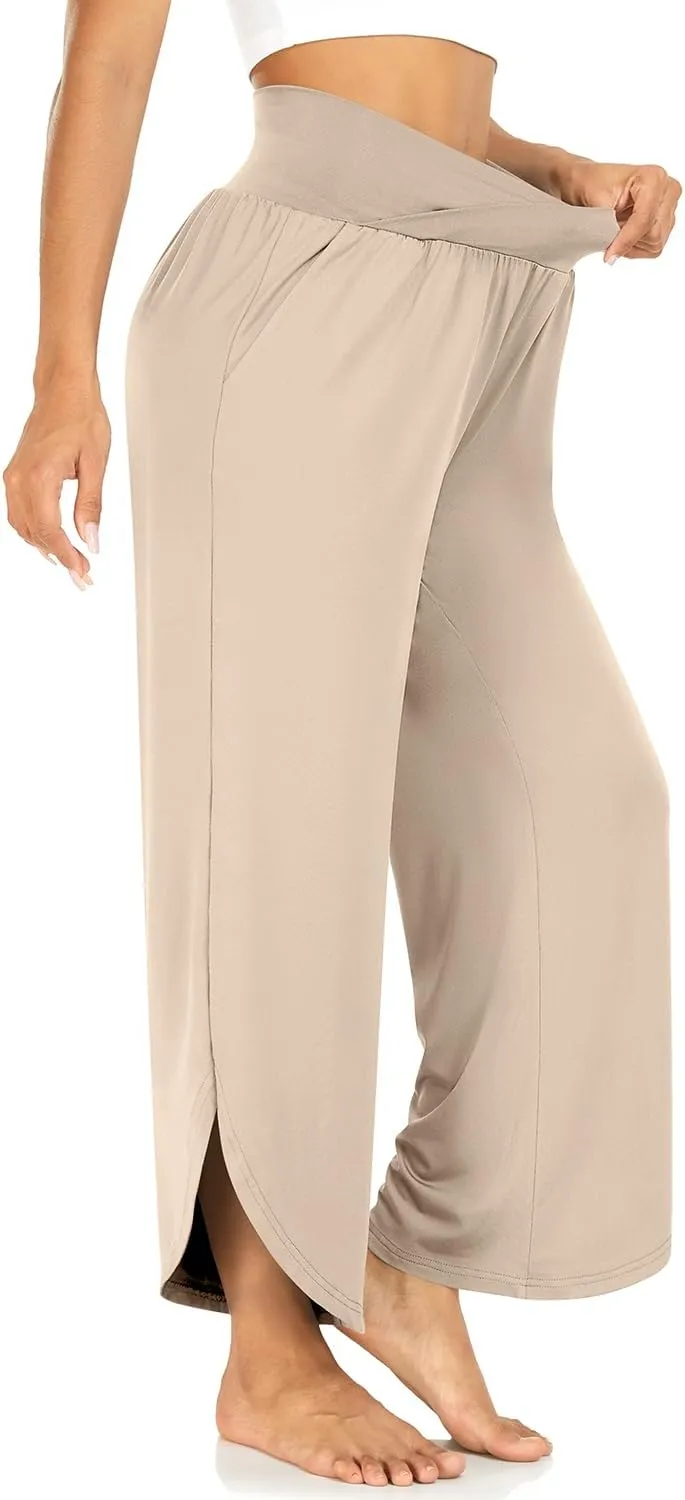 TARSE Wide Leg Pants for Women Cross High Waisted Yoga Pants Casual Lounge Joggers Loose fit Pajama Bottoms with Pockets