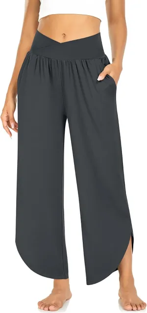 TARSE Wide Leg Pants for Women Cross High Waisted Yoga Pants Casual Lounge Joggers Loose fit Pajama Bottoms with Pockets