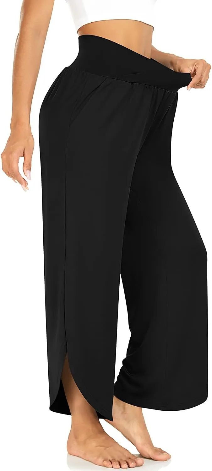 TARSE Wide Leg Pants for Women Cross High Waisted Yoga Pants Casual Lounge Joggers Loose fit Pajama Bottoms with Pockets