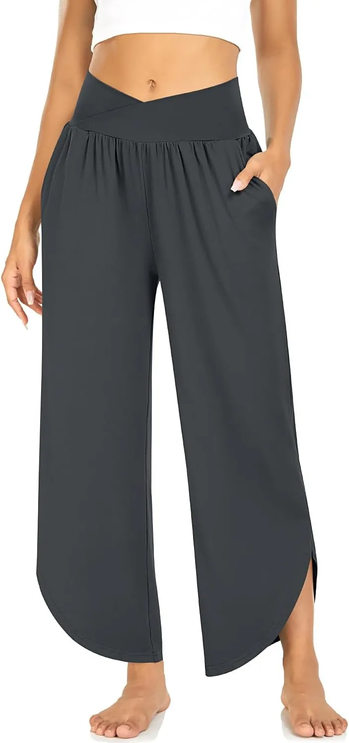 TARSE Wide Leg Pants for Women Cross High Waisted Yoga Pants Casual Lounge Joggers Loose fit Pajama Bottoms with Pockets